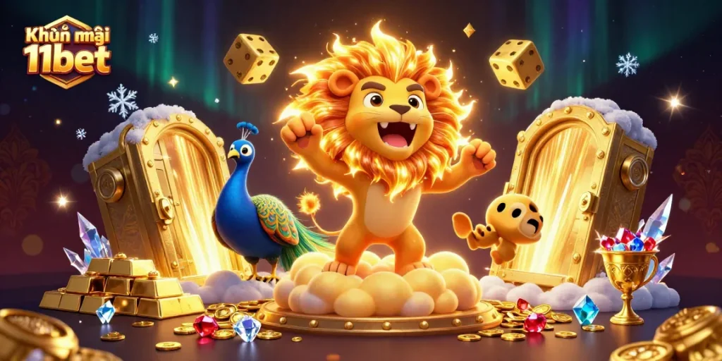Engage with Khuyến mãi 11bet featuring a roaring lion, golden dice, and treasure in a vibrant 3D casino scene.