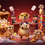 Sumclub meerkats in a vibrant casino scene, dealing cards and sneaking chips.
