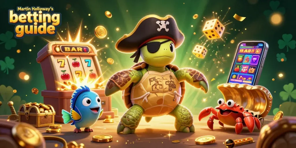 Engage with Martin Holloway’s betting guide showcasing cartoon turtle and crab amidst vibrant casino elements