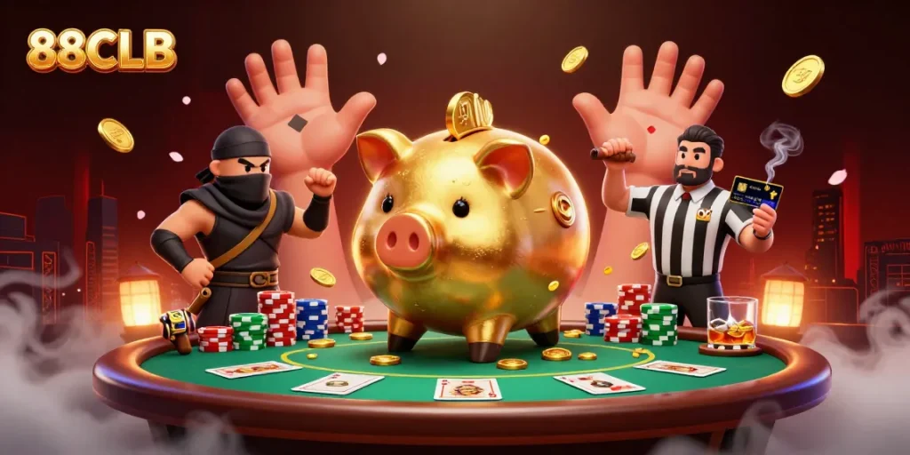Engage with thrilling poker action featuring 88CLB's golden piggy bank champion and dynamic gaming elements.