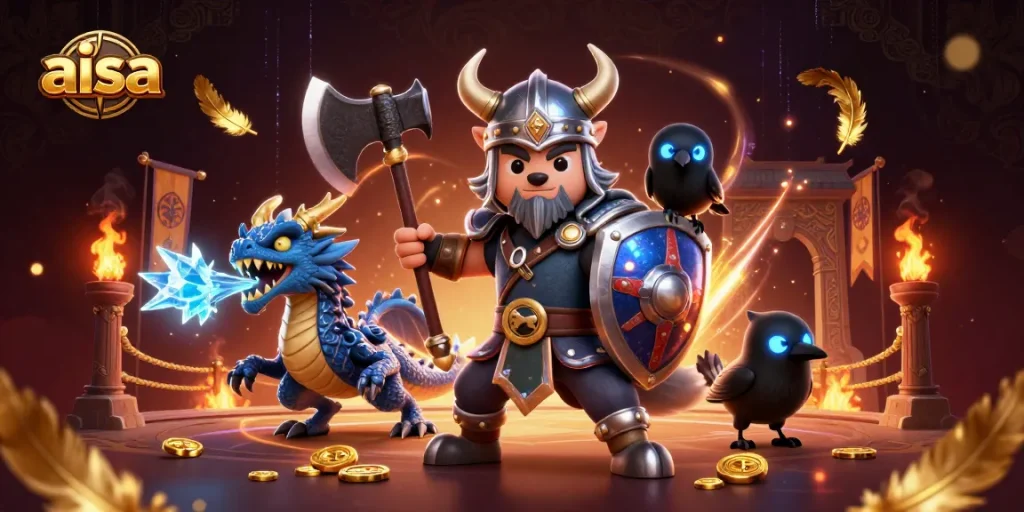 Aisa showcases a dynamic illustration of a Viking wolf warrior and dragon in an epic gambling arena