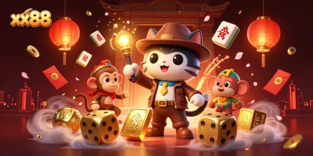 Engage with xx88: a vibrant scene depicting a cat adventurer discovering casino treasures.