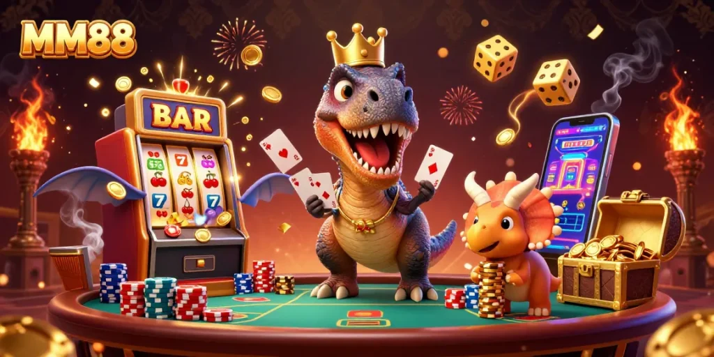 Play poker with MM88 in a vibrant 3D casino scene featuring charming dinosaur characters.