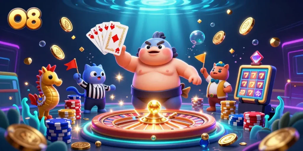 Experience exciting gameplay at O8 with vibrant casino elements and colorful characters in an underwater setting.