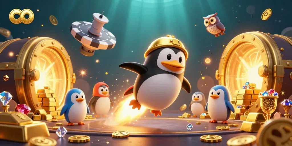 Win big at credit card casinos with co; a golden penguin launches from a chip-shaped station.