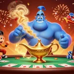 Join the excitement at u888 with a vibrant casino scene featuring magical elements, poker action, and festive celebrations!