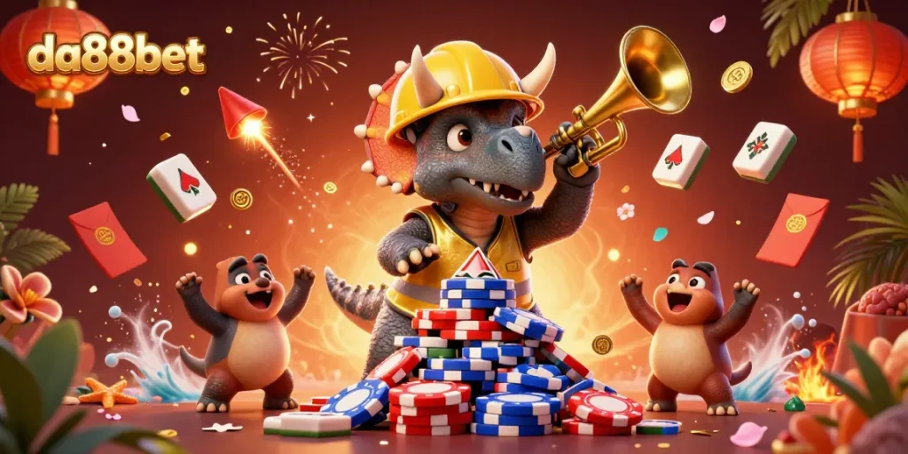 Celebrate wins at da88bet with vibrant 3D illustration of a triceratops and friends amidst casino symbols.