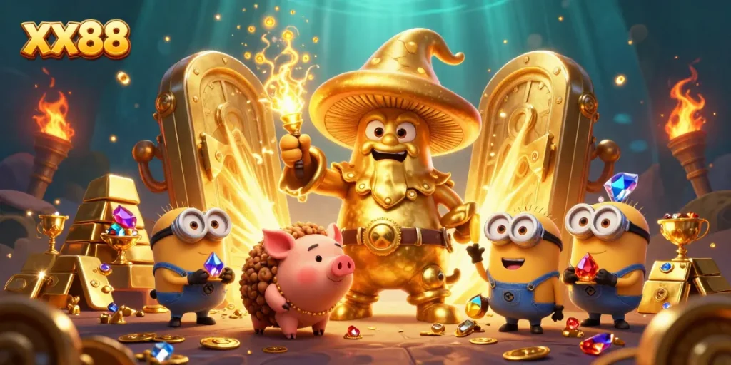 Experience the magic of XX88 as a golden wizard transforms treasures in an enchanting casino world.