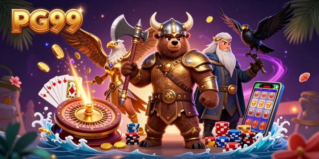 Experience the excitement of PG99 with golden coins cascading around a dynamic casino scene featuring a Viking bear and Valkyrie.