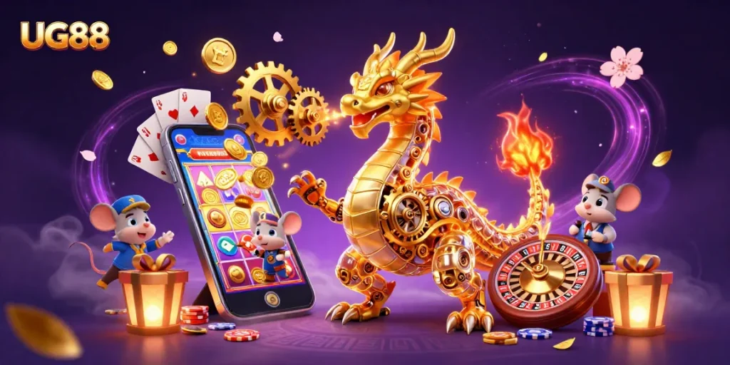 Experience thrilling gameplay and golden opportunities at UG88 with a golden dragon and vibrant casino elements