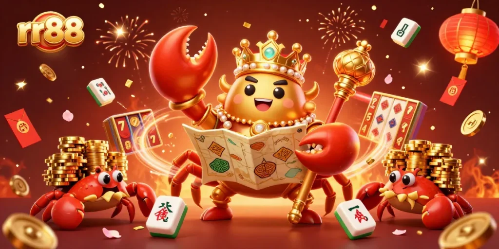 Experience the thrills of rr88 casino as the golden crab emperor and his treasure-holding servants celebrate with joyful gaming elements.