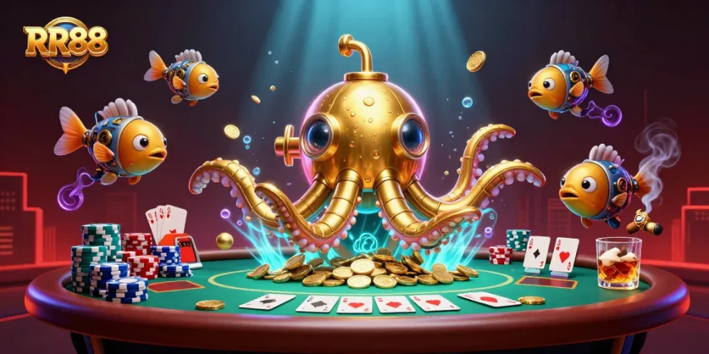 Experience RR88 excitement with a golden kraken submarine and poker elements amid golden coins.