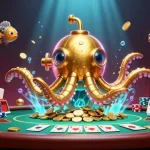Experience RR88 excitement with a golden kraken submarine and poker elements amid golden coins.