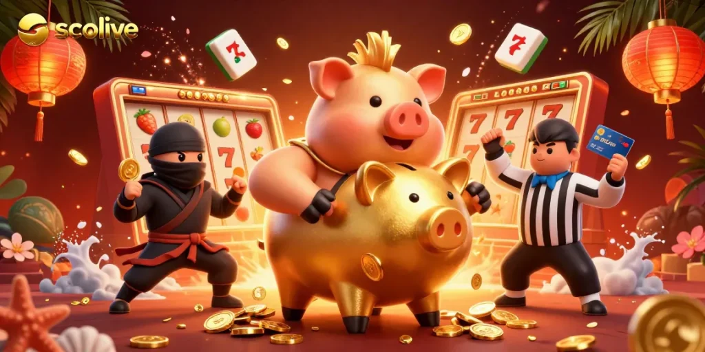 Socolive showcases an energetic 3D illustration of a golden piggy bank sumo wrestler, highlighting gambling excitement with dynamic slot elements.