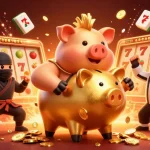 Socolive showcases an energetic 3D illustration of a golden piggy bank sumo wrestler, highlighting gambling excitement with dynamic slot elements.
