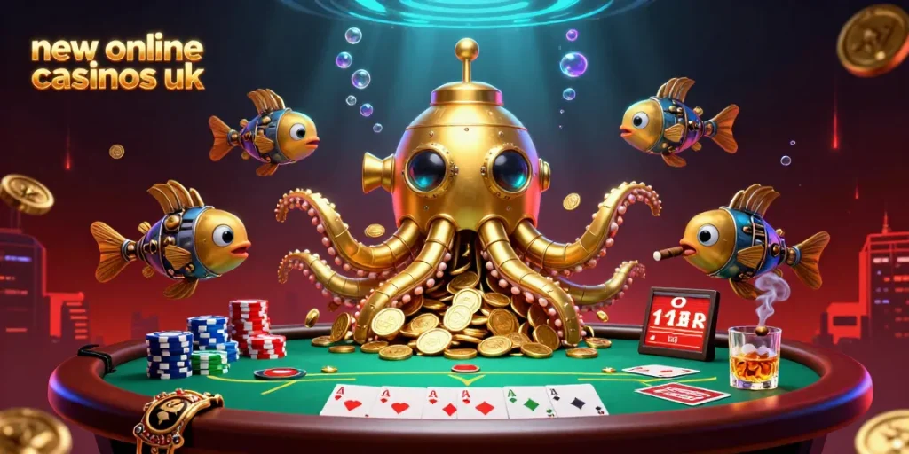 Experience the excitement of new online casinos uk with a vivid 3D depiction of a golden kraken submarine surrounded by poker elements.