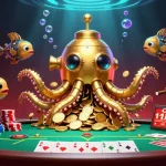 Experience the excitement of new online casinos uk with a vivid 3D depiction of a golden kraken submarine surrounded by poker elements.