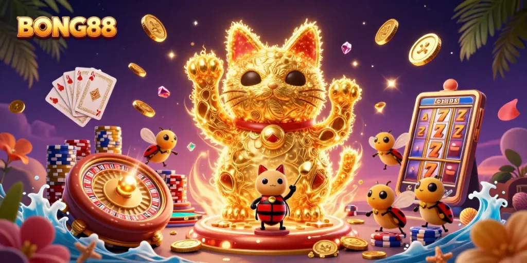 Experience BONG88 with a vibrant 3D illustration showcasing a lucky cat surrounded by casino symbols and excitement.