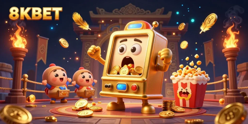 8KBET showcases a golden slot machine hitting a jackpot amid cheers and gold coins, illustrating vibrant gaming excitement.