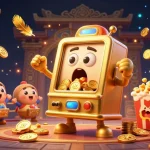 8KBET showcases a golden slot machine hitting a jackpot amid cheers and gold coins, illustrating vibrant gaming excitement.