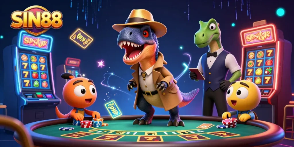 SIN88 showcases an energetic scene with a velociraptor card counter and a stegosaurus pit boss at a vibrant blackjack table