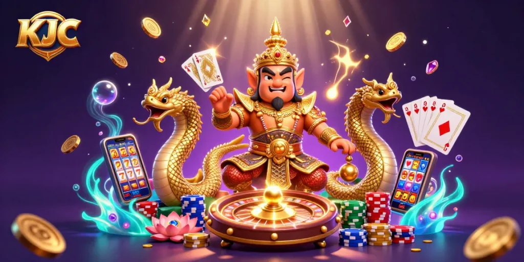 KJC engaging players with dynamic casino games and vibrant golden elements during gambling.