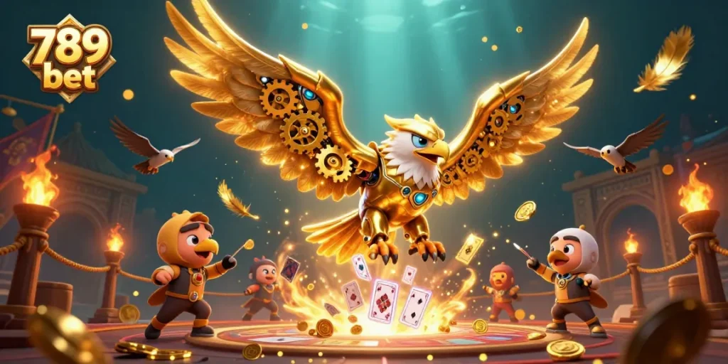Experience the thrill of 789 bet with a captivating view of a cybernetic eagle amidst dynamic casino elements.