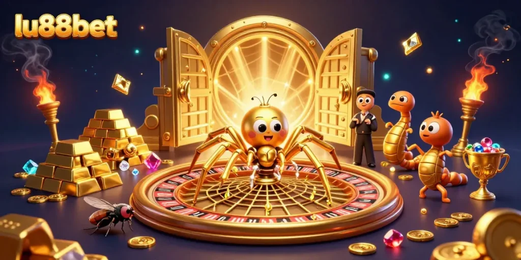 Experience excitement at lu88bet with a thrilling 3D casino scene featuring a golden spider and vibrant jackpots.