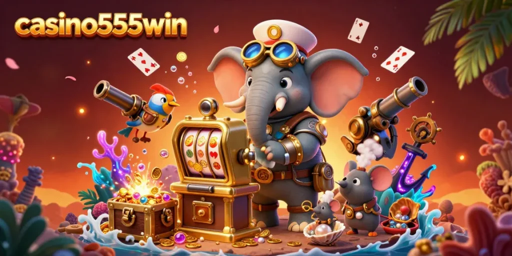 Spin the golden slots with casino555win in a vibrant, dynamic 3D gaming scene packed with details.
