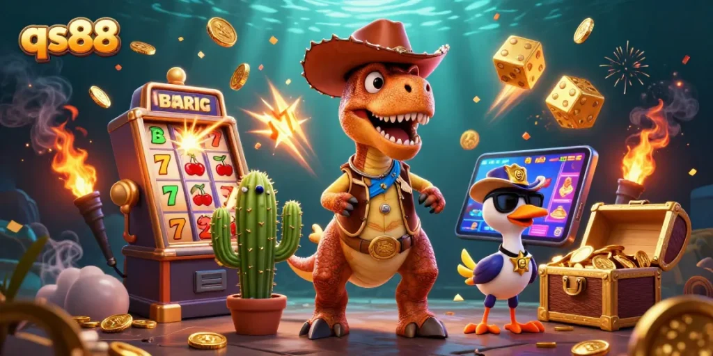 Experience thrilling gameplay with qs88 in a dynamic casino world featuring slot machines, cartoon characters, and vibrant visuals.