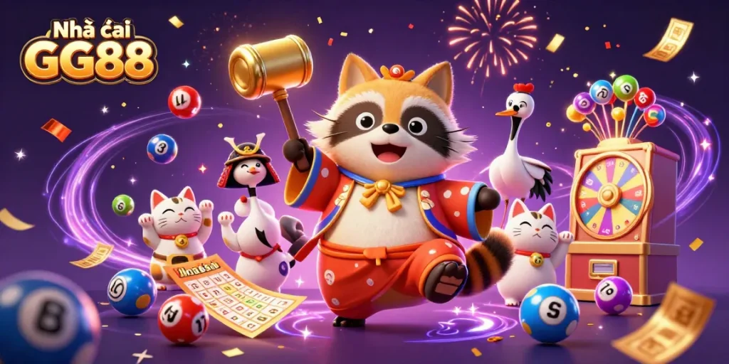 Experience thrilling games with Nhà cái GG88, highlighted by vibrant cartoon characters and dynamic casino themes.