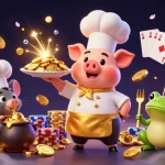 Engage in casinous real money slots with a 3D chef pig and magical casino elements celebrating wins.