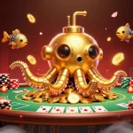 U888 showcases vibrant 3D scene of a golden kraken submarine amidst poker elements and golden coins.