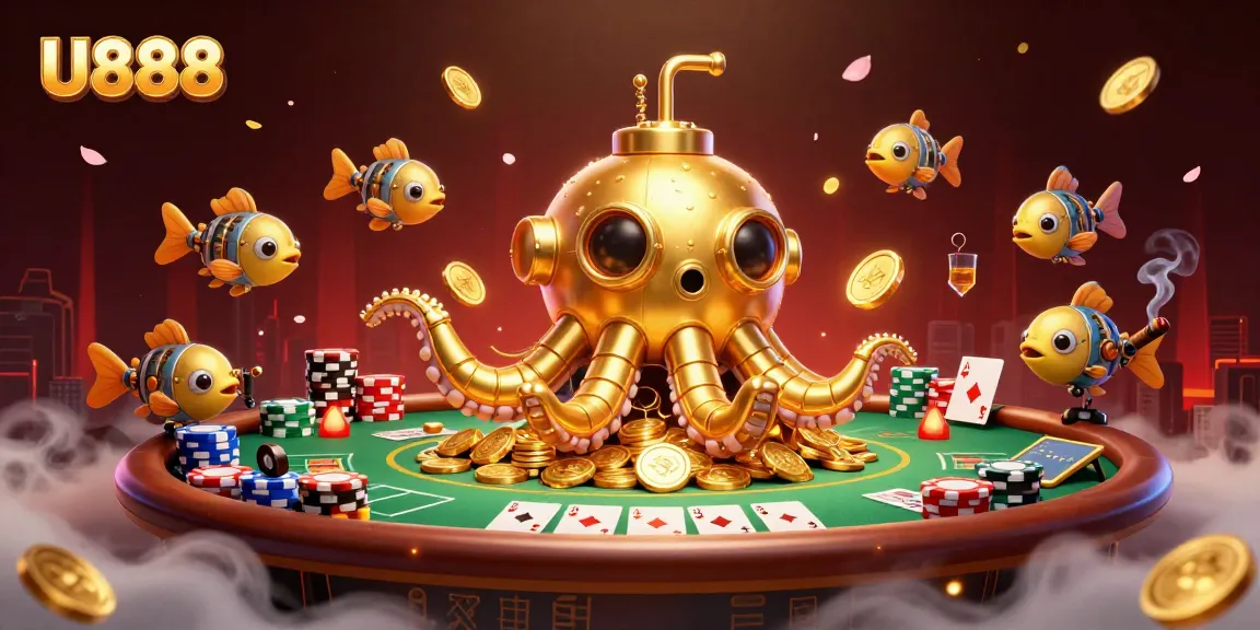 U888 showcases vibrant 3D scene of a golden kraken submarine amidst poker elements and golden coins.