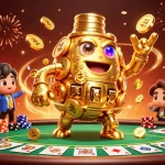 Engage with S8's vibrant casino world, featuring a golden golem amidst poker chips and celebratory confetti.