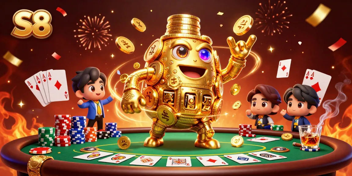 Engage with S8's vibrant casino world, featuring a golden golem amidst poker chips and celebratory confetti.