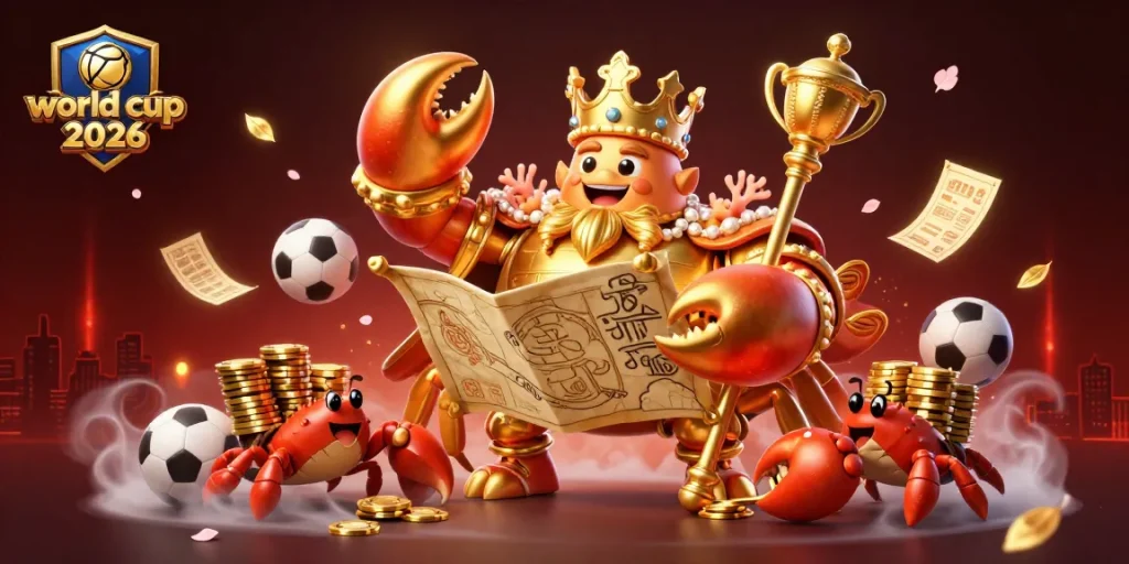 Win big with world cup 2026 themed sports betting action featuring golden crab emperor and lively elements.