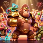 Engage in exciting gameplay with 1nohu90 as a powerful gorilla king stands strong beside a colorful chameleon and wise tortoise in a vibrant casino scene.
