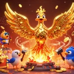 Win big at 100VIP with a vibrant golden phoenix and exciting casino elements in dynamic action.