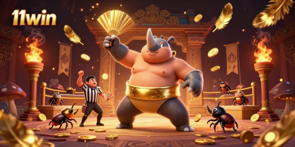 11win showcases a dynamic scene of a beetle wrestling champion amidst gold coins and festive casino energy.