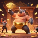 11win showcases a dynamic scene of a beetle wrestling champion amidst gold coins and festive casino energy.