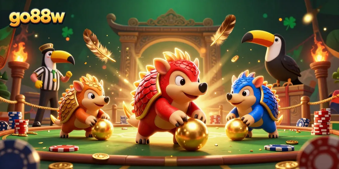 Compete in thrilling gaming with go88w at a vibrant 3D casino battle featuring pangolins.