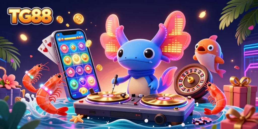 TG88 brings the casino to life with vibrant characters DJing and a smartphone showcasing a thrilling slot game.