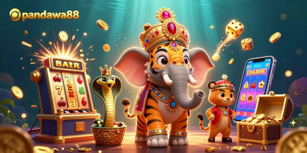Experience exciting wins at pandawa88 with a vibrant scene of 3D characters enjoying thrilling casino games.