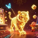 Experience the thrill at TT88 with the vibrant, dynamic casino scene featuring a neon-wireframe tiger and exciting game elements.