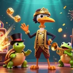 Experience the vibrant world of rrs88a with a lively 3D casino illustration featuring unique characters and dynamic game elements.