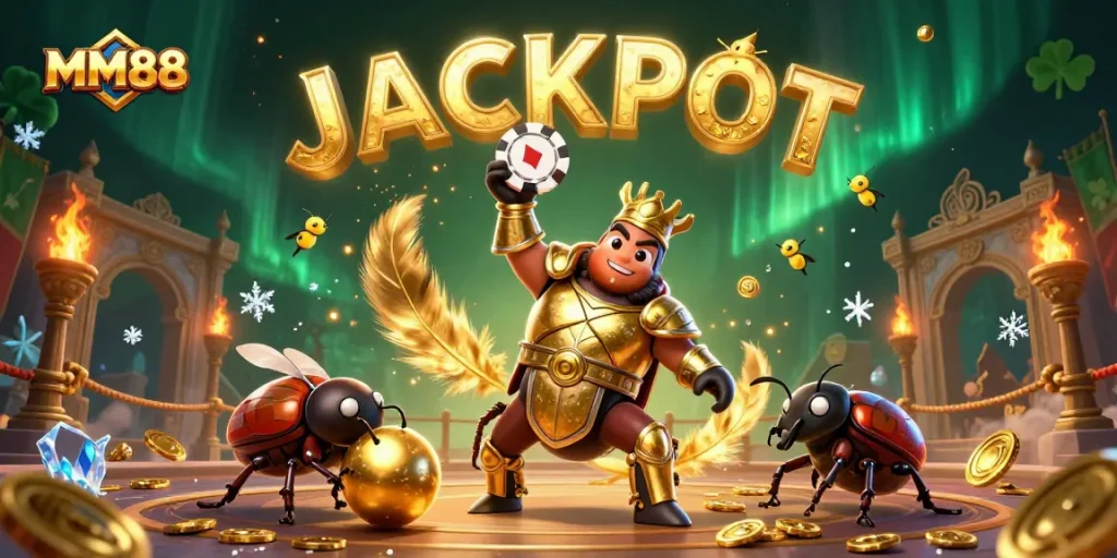 Experience MM88 excitement with a victorious beetle, casino elements, and festive lights.