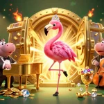 Win at fly88 with a vibrant casino scene showcasing a flamingo singer and sparkling treasures.