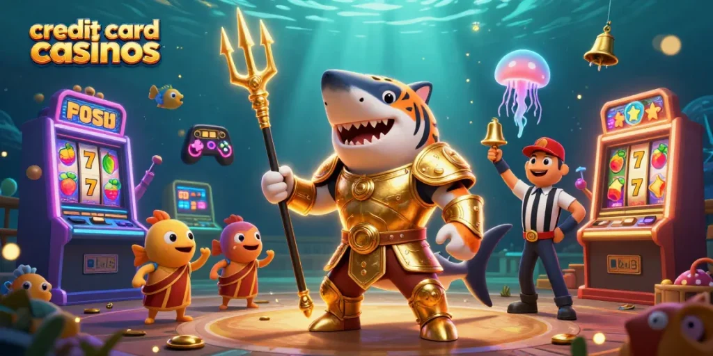 Experience the excitement of credit card casinos with a dynamic scene of a shark gladiator in a colorful underwater colosseum.