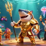 Experience the excitement of credit card casinos with a dynamic scene of a shark gladiator in a colorful underwater colosseum.